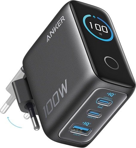 מטען קיר 100W כולל מסך וטכנולוגיית GaN עם 2 חיבורי USB Type-C וחיבור USB Type-A מבית Anker - צבע שחור