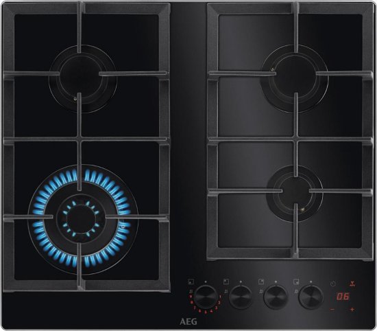 כיריים גז 4 להבות בישול 60 ס''מ AEG Step Power HKB64341NB - זכוכית שחורה - תוצרת איטליה