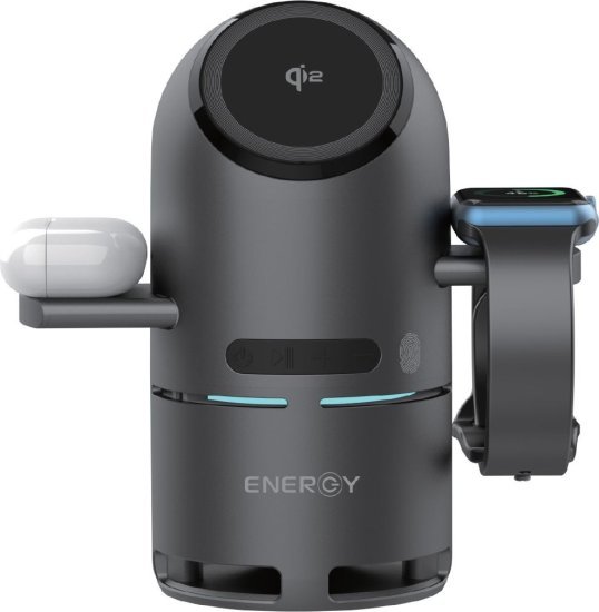 מטען אלחוטי חכם רב-תכליתי (3 ב-1) תומך בטעינת Qi2 / MagSafe דגם Geometry 3 תואם אייפון וסמסונג  - משולב רמקול Bluetooth מבית Energy  - צבע שחור