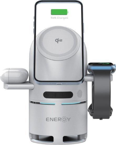 מטען אלחוטי חכם רב-תכליתי (3 ב-1) תומך בטעינת Qi2 דגם Geometry 3 - משולב רמקול Bluetooth מבית Energy  - צבע לבן