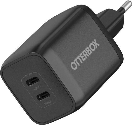 מטען קיר מהיר 65W בחיבור USB-C כפול ותומך ב-GaN מבית OtterBox - צבע שחור