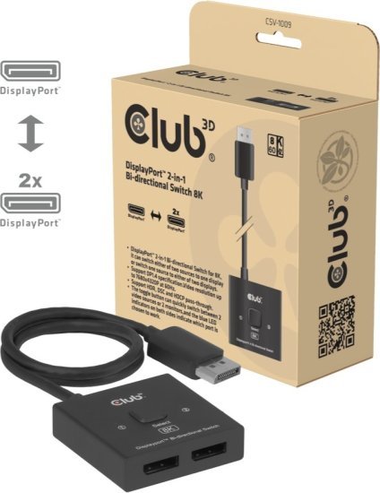 מתג דו כיווני 2 ב-1 לחיבורי DisplayPort 1.4 באיכות 8K60Hz דגם CSV-1009 מבית Club3D