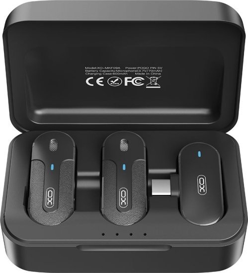 מערכת מיקרופון דש אלחוטי עם מקלט ו-2 משדרים דגם MKF09A מבית XO - חיבור Type-C - צבע שחור