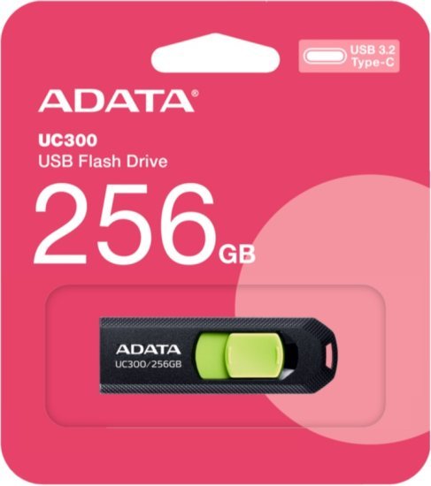 זיכרון נייד USB-C דגם UC300 נפח 256GB מבית Adata - צבע שחור ירוק