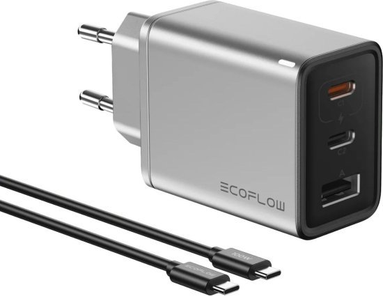 מטען קיר 65W GaN עם 2 יציאות USB-C ו-1 USB-A + כבל USB-C 100W באורך 1 מטר מבית EcoFlow