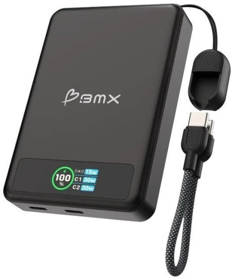 סוללת גיבוי מגנטית אלחוטית 10000mAh בטכנולוגיית Solid-State דגם SolidSafe™ 10K מבית BMX - צבע שחור