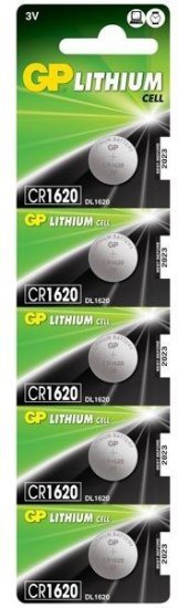 5 סוללות כפתור CR1620 Lithium לא נטענות 3V 16mm x 2.0mm של חברת GP