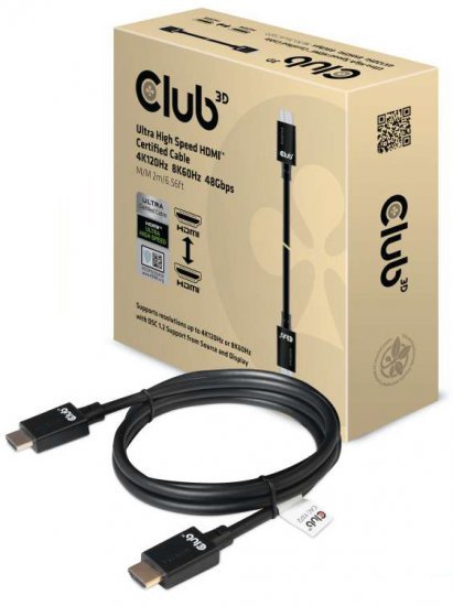 כבל HDMI 2.1 4K120Hz / 8K60Hz UHD / 3D זכר באורך 2 מטר Club3D Ultra High Speed CAC-1372
