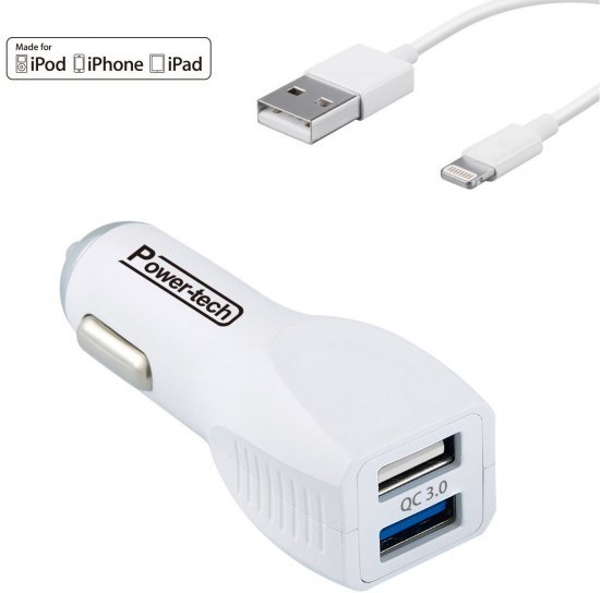 מטען USB כפול לרכב עם כבל Power-Tech 3.6A 30W Lightning צבע לבן