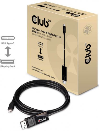 כבל מחיבור USB 3.1 Type-C לחיבור DisplayPort 1.4 HBR3 8K60Hz באורך 1.8 מטרים Club3D CAC-1557